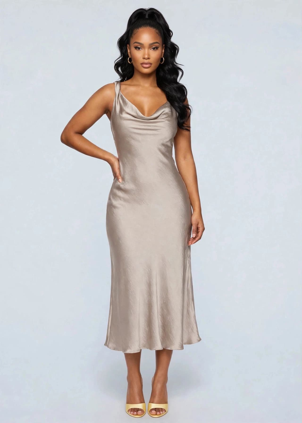 Jilian Satin Cowl Neck Midi Dress, Champagne dress by Missus